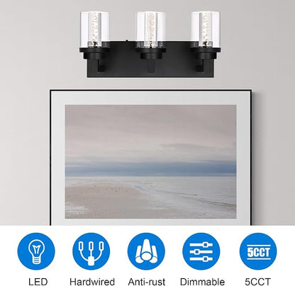 MELUCEE 3-Light LED Bathroom Light Fixtures Over Mirror 5 Color Temperature | Modern Bathroom Vanity Lights 5CCT Black Vanity Light with Bubble Crystal and Clear Glass Shade, Built-In LED Chips