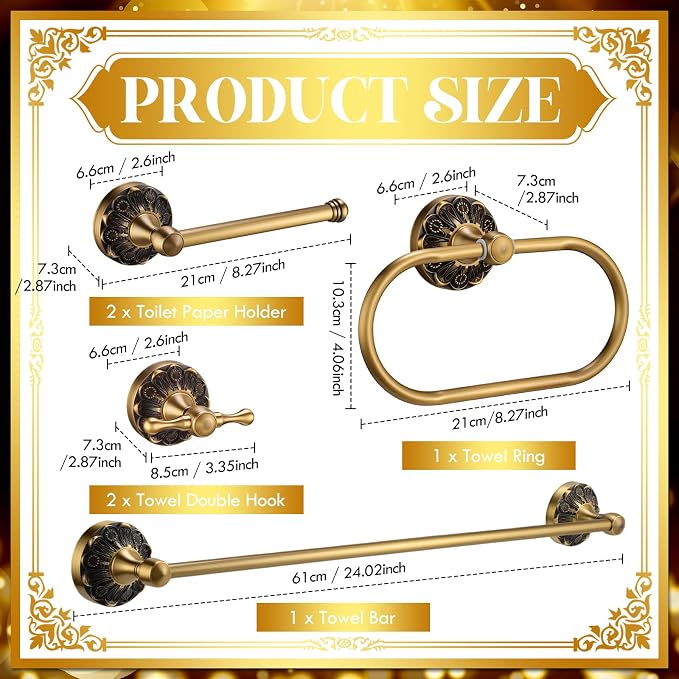Cinnvoice 6 Pcs Antique Brass Bathroom Accessories Set 24 Vintage Bronze Towel Rack, Toilet Paper Holder, Hand Wash Cloth Holder and Rotatable Towel Ring Wall Mounted Antique Gold Hardware Supply
