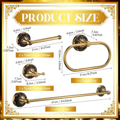 Cinnvoice 6 Pcs Antique Brass Bathroom Accessories Set 24 Vintage Bronze Towel Rack, Toilet Paper Holder, Hand Wash Cloth Holder and Rotatable Towel Ring Wall Mounted Antique Gold Hardware Supply