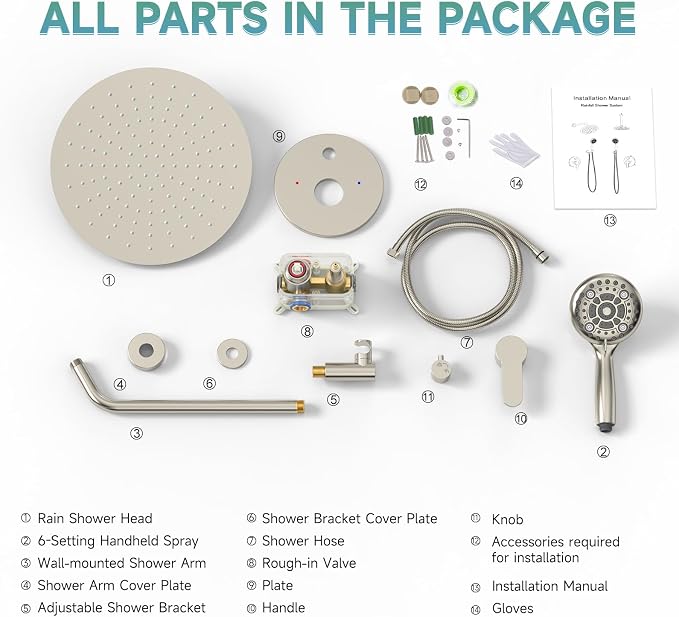 SR SUN RISE Shower Faucet - 12 Inch Multifunctional High Pressure Shower Head System with Handheld Shower Head Fixtures - Valve Included - Brushed Nickel
