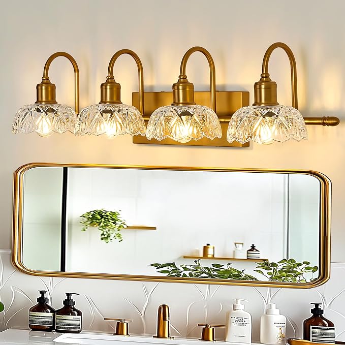 UOFUS 4-Light Gold Vanity Light Vintage Bathroom Lighting Fixtures | Over Mirror with Clear Glass Shade