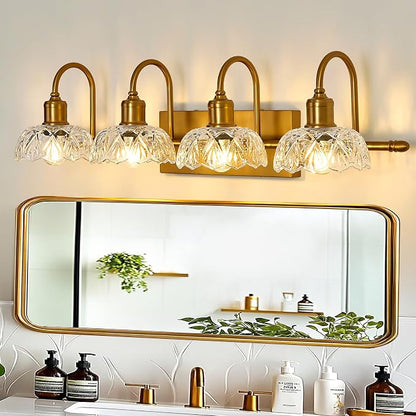 UOFUS 4-Light Gold Vanity Light Vintage Bathroom Lighting Fixtures | Over Mirror with Clear Glass Shade