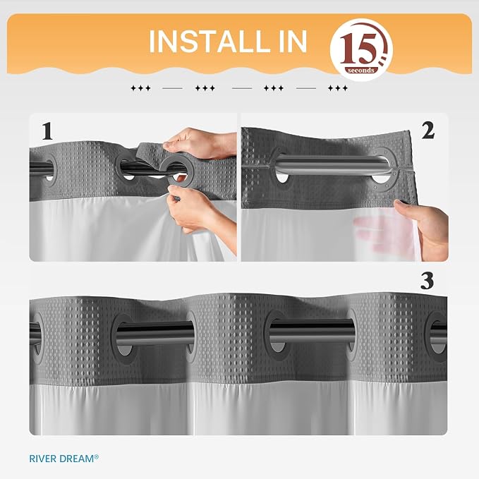 River Dream Heavyweight Waffle No Hook Shower Curtain with Liner,Gray,71x74 | Dotted Waffle,Snap-in Liner,Heavy Duty,Quick Dry,Mesh Top Window,With Bottom Magnets,Hotel-Grade,Washable,Standard Size