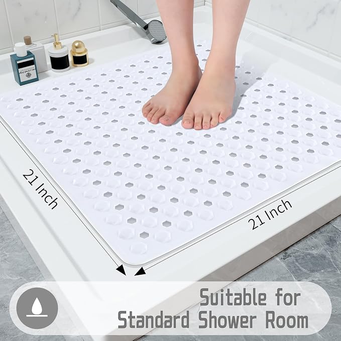 Yimobra Square Shower Floor Mat Non Slip, 21"X21" Machine Washable Bath Tub Mat, Soft on Feet, Bathmat with Drain Holes and Suction Cups, Fast Draining, White