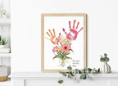 TwoDays Flower Bouquet Handprint Art Craft DIY Kit, Unique Gifts for Mom From Daughter or Son for Mother's Day Birthday Christmas, Gift for Grandma.(12" X 16", With Wood Frame)