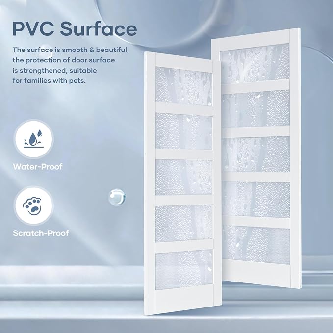 36x96 Inch Glass Sliding Barn Door Slab and 6.6ft Hardware Kit Included, 5 Frosted Glass, LVL Wood Panel Covered with White Water-Proof Scratch-Proof PVC Surface, Simple DIY Assembly