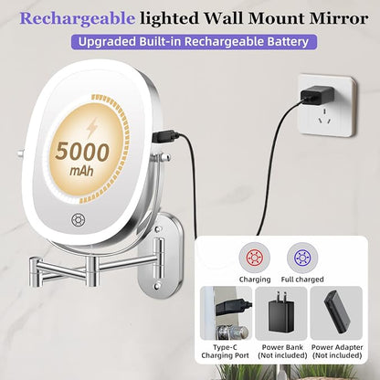 FUNTOUCH 5000mAh Rechargeable Wall Mounted Lighted Makeup Mirror, Chrome | Double Sided 30X/1X Magnifying Mirror Wall Mounted,Extended Arm 360°Rotation,Touch Dimmable,3 Color Lights for Bathroom