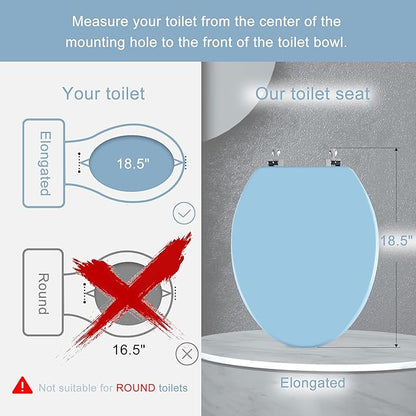 Blue Elongated Toilet Seat Natural Wood Toilet Seat with Zinc Alloy Hinges, Easy to Install also Easy to Clean, Scratch Resistant Toilet Seat by Angol Shiold (Elongated, Blue)