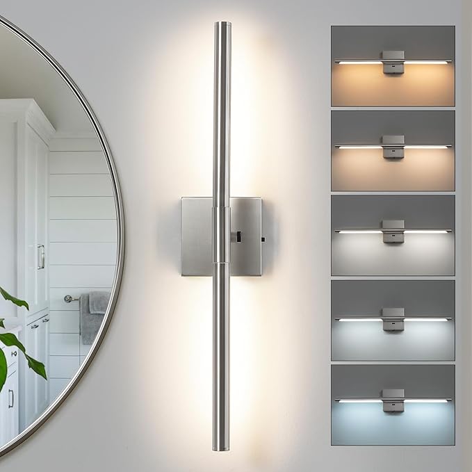 Brushed Nickel Vanity Light Fixtures for Bathroom Over Mirror 24 inch LED Bath Sconces IP44 5CCT Adjustable Morden Picture Lights for Paintings (Built-in Dimmer)
