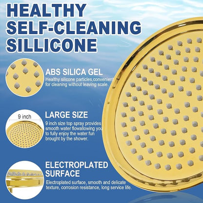 Bright Gold 9inch Rain Showerheads, High Pressure Rainfall Overhead Shower Head Replacement, Classic Vintage Stainless Steel Shower Heads with Silicone Nozzle