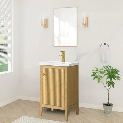 HOMEBEYOND 20" Bathroom Vanity with Ceramic Sink, Solid Wood Free-Standing Vanities Cabinet, Ceramic Top, Golden Brushed Hardware & Soft Closing Door, Natural Oak