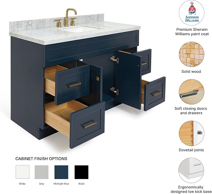 DKB Bradford 54" Midnight Blue Bathroom Vanity with Sink, 1.5" Italian Carrara Marble Countertop, Rectangular Undermount Sink, Solid Wood Frame, 2 Soft-Closing Doors, 4 Dovetail Drawers