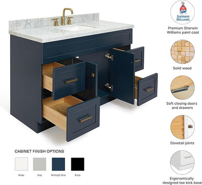 DKB Bradford 54" Midnight Blue Bathroom Vanity with Sink, 1.5" Italian Carrara Marble Countertop, Rectangular Undermount Sink, Solid Wood Frame, 2 Soft-Closing Doors, 4 Dovetail Drawers