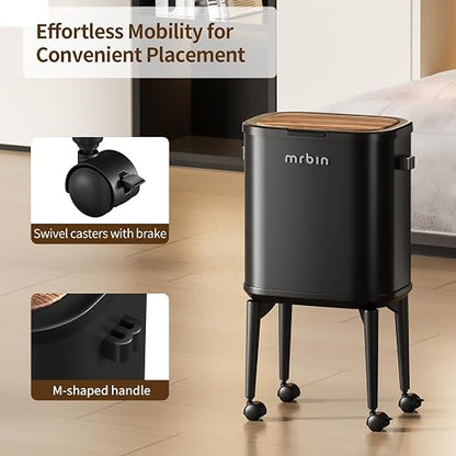 MRBIN Metal Slim Bathroom Trash Can with Legs and Wheels, 15L / 4gal Toilet Walnut Effect Press Lid Waste Basket, Covered Office Garbage Pail for Near Desk, Narrow Vanity, Rvs, Kitchen, Black