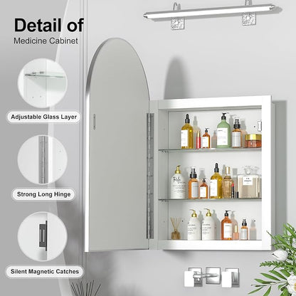 Recessed Medicine Cabinet with Mirror,Arched Medicine Cabinet for Bathroom,in Wall Bathroom Mirror with Storage,Brushed Nickel Mirrored Medicine Cabinets Wall Mounted,20x30