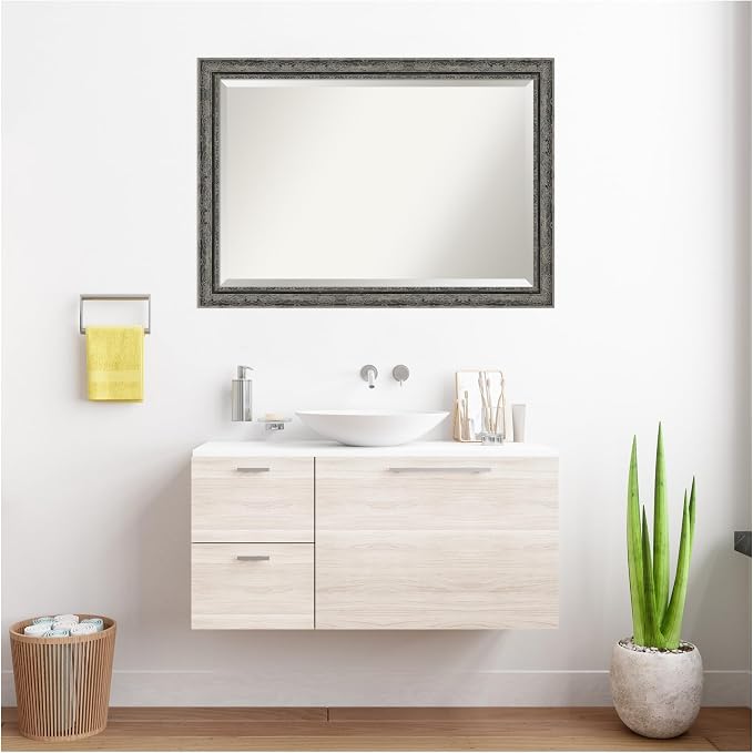 Amanti Art Black Bathroom Mirror for Over Sink, 28x40 Filigree Matte Black Rectangle Vanity Mirror, Large Traditional Frame, Hangs Horizonally and Vertically, Bathroom Wall Decor, Beveled Edge