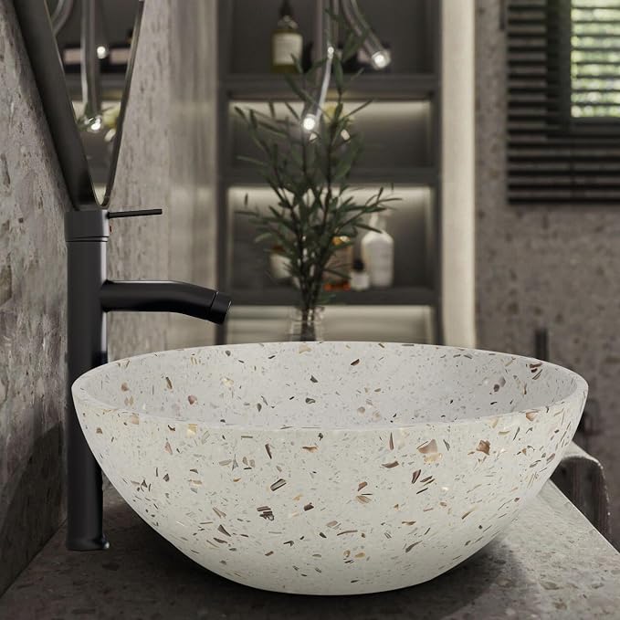 YIMAI Terrazzo Vessel Sink with Faucet and Drain, 15.7" Round Concrete Bathroom Sink Above Counter, Modern Artisanal Wash Basin Bowl with Matte Finish, Easy Install Combo Set for Vanity