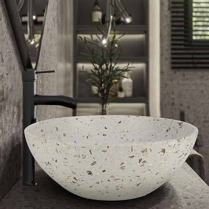 YIMAI Terrazzo Vessel Sink with Faucet and Drain, 15.7" Round Concrete Bathroom Sink Above Counter, Modern Artisanal Wash Basin Bowl with Matte Finish, Easy Install Combo Set for Vanity