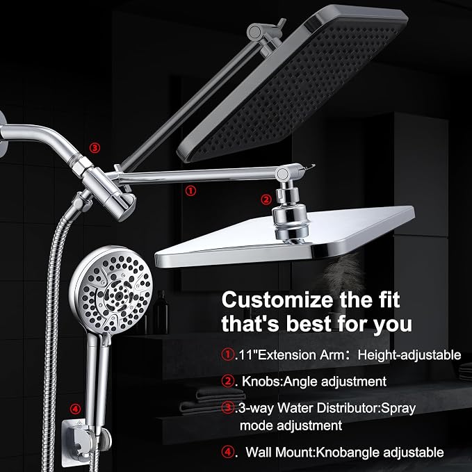 14 Inch Rainfall Shower Head with Handheld Sprayer Combo, High Pressure 10 Spray Settings Dual Shower Head System, Anti-Clog Nozzles Easy Install for Low Water Pressure Bathroom