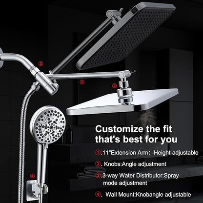 14 Inch Rainfall Shower Head with Handheld Sprayer Combo, High Pressure 10 Spray Settings Dual Shower Head System, Anti-Clog Nozzles Easy Install for Low Water Pressure Bathroom