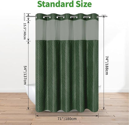No Hook Shower Curtain and Liner Set,No Hook Tufted Striped Textured Shower Curtain with Snap in Liner Replacement and Waterproof Fabric,Boho Style with See Through Top Window,DarkGreen,71Wx74H