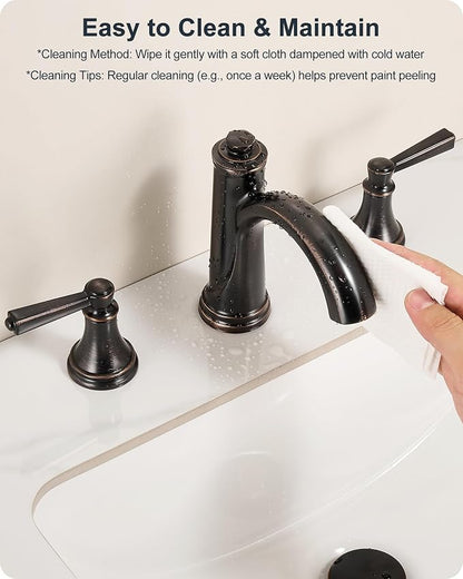 Oil Rubbed Bronze Bathroom Faucet 3 Hole, 8 Inch 2 Handles with Drain | Lead-Free Brass, Widespread Bathroom Sink Faucet, Pre-installed cUPC Supply Lines, 10 Mins Install, For Vanity Rv Farmhouse