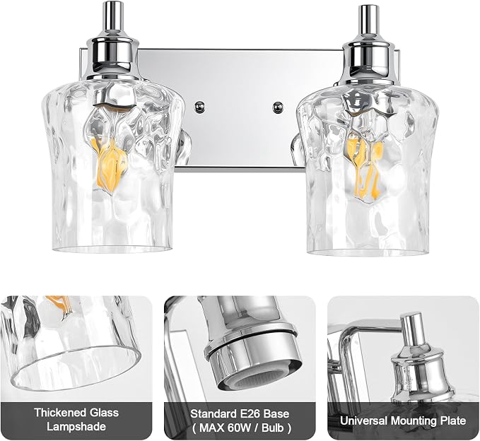 Bathroom Light Fixtures Farmhouse Chrome Vanity Lights for Bathroom Lighting Fixtures Over Mirror with Hammered Glass Lampshade for Cabinet Mirror Bedroom Hallway 2 Light