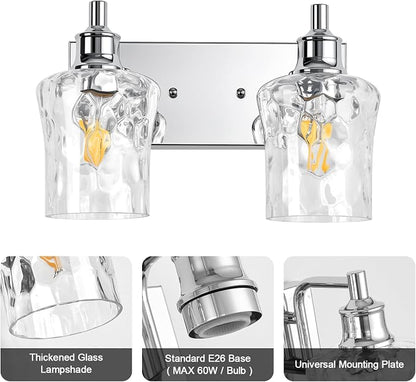 Bathroom Light Fixtures Farmhouse Chrome Vanity Lights for Bathroom Lighting Fixtures Over Mirror with Hammered Glass Lampshade for Cabinet Mirror Bedroom Hallway 2 Light