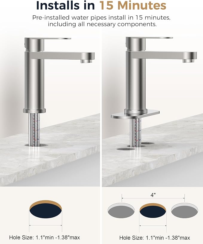 FORIOUS Bathroom Faucet 1 Hole, Single Handle Vanity Faucet Brushed Nickel | Bathroom Sink Faucet with Deck Plate, Fits 1 Hole and 4-Inch 3 Hole Install, for RV Vanity Lavatory Restroom Camper