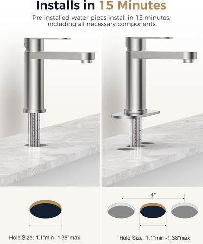 FORIOUS Bathroom Faucet 1 Hole, Single Handle Vanity Faucet Brushed Nickel | Bathroom Sink Faucet with Deck Plate, Fits 1 Hole and 4-Inch 3 Hole Install, for RV Vanity Lavatory Restroom Camper