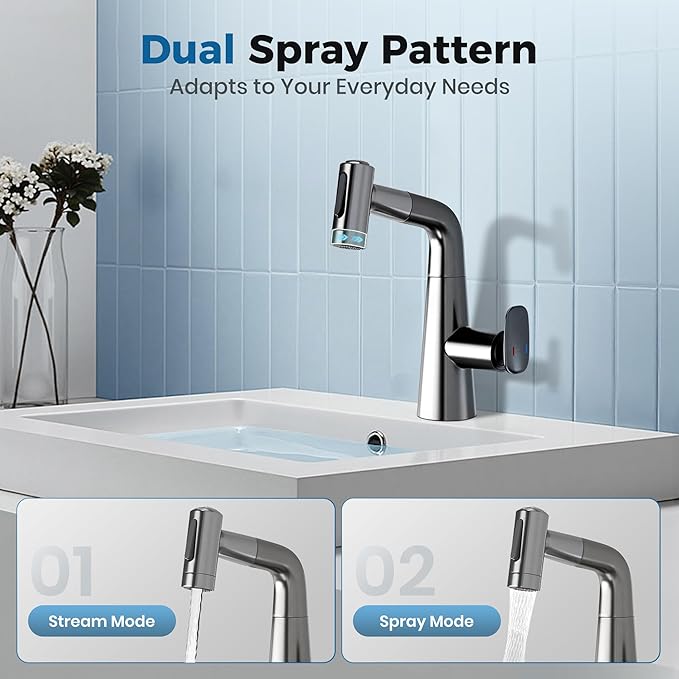 Bathroom Sink Faucet with Pull Down Sprayer,3 Mode Single Handle Vanity Faucet,Kitchen Faucet with 360° Swivel &Pull Down Sprayer