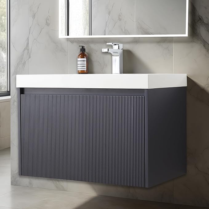 Blossom 30 Inch Bathroom Vanity with Sink | All Wood Wall Mounted Floating Bathroom Vanity Cabinet with Acrylic Sink, Soft-Close Drawer, Modern Minimalist Design Vanities (Night Blue Finish)