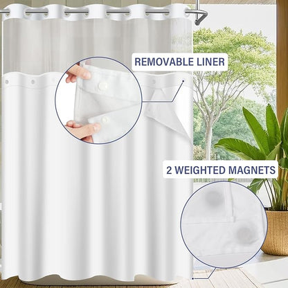 No Hook Shower Curtain with Snap in Liner Set, Light Blue, 71x74 | Waterproof Fabric for Bathroom, Modern Hotel Style Ombre Design, Mesh Top Window, Machine Washable, Quick Install