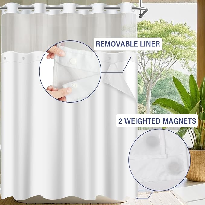 No Hook Shower Curtain with Snap in Liner Set, Light Blue, 71x86 | Waterproof Fabric for Bathroom, Modern Hotel Style Ombre Design, Mesh Top Window, Machine Washable, Quick Install