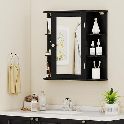GIANTEX Bathroom Mirror Cabinet (Black) | Wall Mounted Medicine Cabinet with Mirrored Door & 4 Interior Shelves, 6 Open Shelves, Space-saving Storage Cabinet