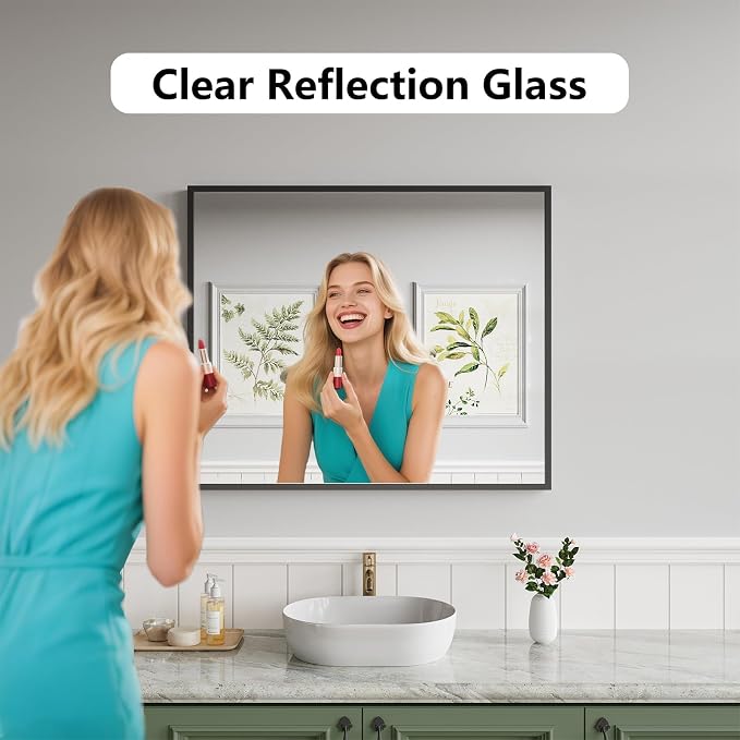 Koonmi Bathroom Mirror for Wall, 30"x36" Black Bathroom Mirror for Over Sink, Shatterproof Tempered Glass Vanity Mirror with Anti-Rust Aluminum Alloy Frame, Hang Horizontally or Vertically
