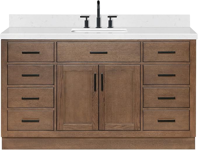 ARIEL Hepburn 60-inch Bathroom Vanity with Sink,Solid Wood, 1.5-inch Carrara White Quartz Countertop, Single Rectangular Porcelain Sink, 2 Soft Closing Doors, 9 Dovetail Drawers, Brown Oak