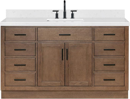 ARIEL Hepburn 60-inch Bathroom Vanity with Sink,Solid Wood, 1.5-inch Carrara White Quartz Countertop, Single Rectangular Porcelain Sink, 2 Soft Closing Doors, 9 Dovetail Drawers, Brown Oak