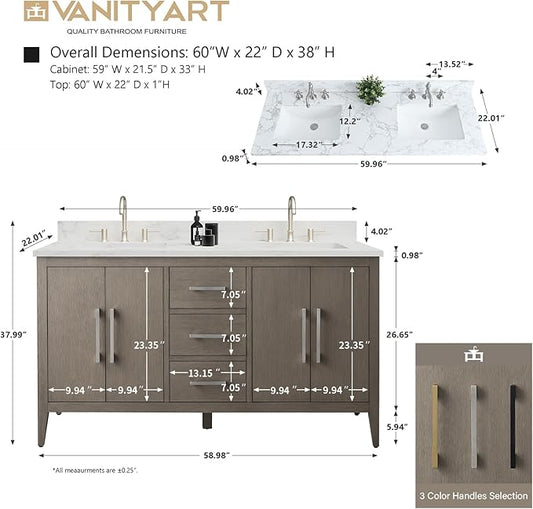 Vanity Art 60 inch Bathroom Vanity with Double Sink & Ceramic Top, Vanity Cabinet with Soft-Closing Doors, Drawers, Solid Wood Frame, Driftwood Gray, VA9060-DDG-MB1