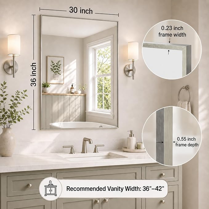 30"x36" Brushed Nickel Framed Rectangle Bathroom Vanity Wall Mirror | Over-Sink Vanity Mirror, Slim Metal Frame, Entryway or Dresser Use, Vertical/Horizontal Mount, Tempered Glass