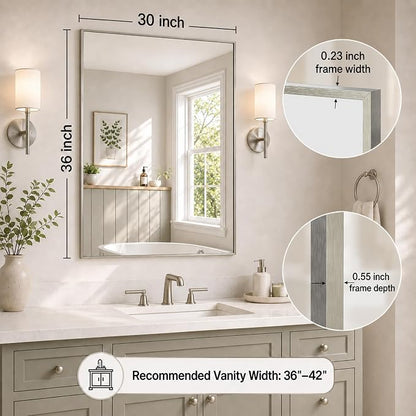30"x36" Brushed Nickel Framed Rectangle Bathroom Vanity Wall Mirror | Over-Sink Vanity Mirror, Slim Metal Frame, Entryway or Dresser Use, Vertical/Horizontal Mount, Tempered Glass