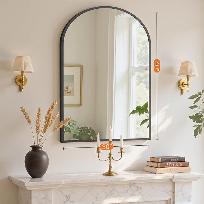 Sweetcrispy 30x40 Bathroom Mirrors for Wall, Arched Mirror for Over Sink | Metal Framed HD Shatter-Proof Glass, Decor Wall Mirror for Entryway, Living Room, Bedroom, Black