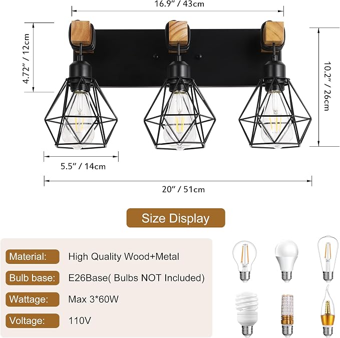VbiTmn Bathroom Light Fixtures,3 Light Black Farmhouse Wood Vanity Lights | Rustic Design, Diamond Metal Shades, Easy to Install, Wall Sconces for Bathroom, Bedroom, Makeup Area, Over Vanity Mirror