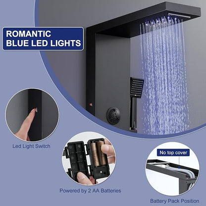 ROVATE 6 in 1 LED Rainfall Waterfall Shower Panel Tower System Matte Black | Stainless Steel Shower Column with Tub Spout, 2-Setting Massage Body Jets and Flexible Handheld, Water Flow Adjustable