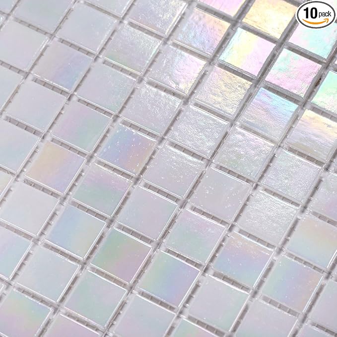 11.5sq.ft Iridescent White Glass Mosaic Tile for Bathroom, Pool, Backsplash | Waterproof Wall & Floor Tile. Heat & frost resistant outdoors. Mesh-mounted easy install. Use any grout. Easy clean. 10pcs.