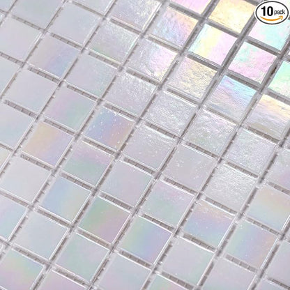 11.5sq.ft Iridescent White Glass Mosaic Tile for Bathroom, Pool, Backsplash | Waterproof Wall & Floor Tile. Heat & frost resistant outdoors. Mesh-mounted easy install. Use any grout. Easy clean. 10pcs.