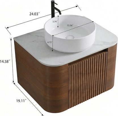 24" Preassembled Floating Bathroom Vanity with Round Sink, Walnut | Mid-Century Modern Style, Fluted & Soft-Close Drawer with U-shaped Wall, Sinterted Stone Countertop, Towel Rack Included
