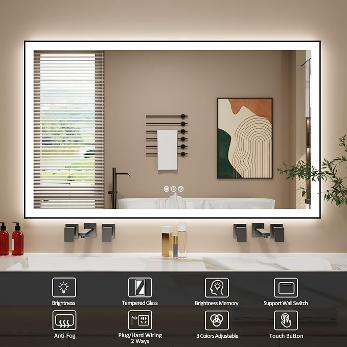 60x36 Inch LED Bathroom Mirror with Black Frame | Black Metal Frame, Front and Backlit, 3 Colors, Dimmable, Memory, Anti Fog, Tempered Glass, Lighted Mirror for Wall
