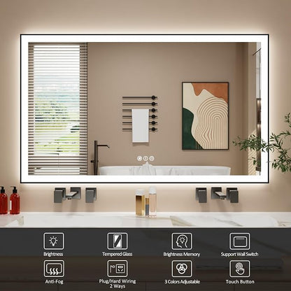 60x36 Inch LED Bathroom Mirror with Black Frame | Black Metal Frame, Front and Backlit, 3 Colors, Dimmable, Memory, Anti Fog, Tempered Glass, Lighted Mirror for Wall