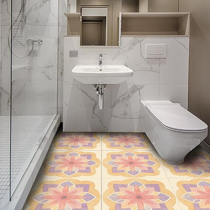 Pastel Mandala Flower Peel and Stick Floor Tiles 12x12 Inch 10PCS | Spring watercolor pastel mandala flower pattern vinyl floor stickers for kitchen bathroom entryway and indoor home decor